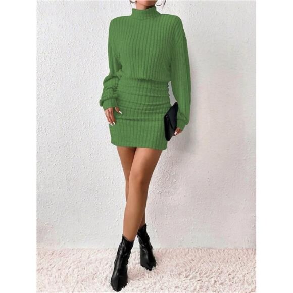 Women's Pullover Sweater Dress Turtle Neck Cute Green2 - Picture 5 of 5